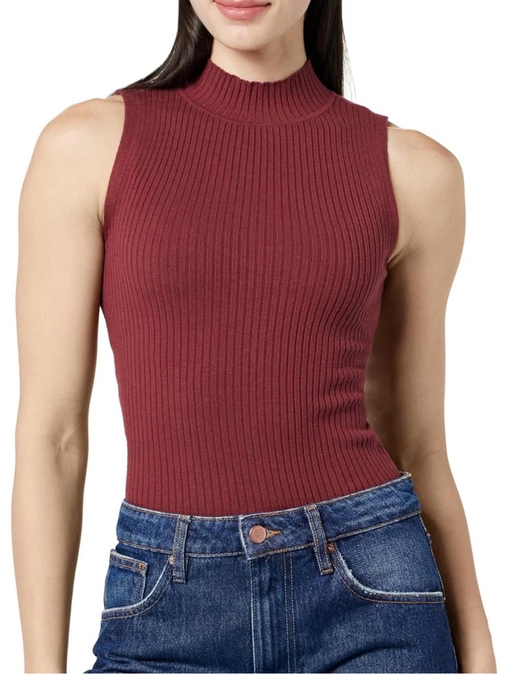 NWT Karolina Sleeveless Ribbed Mock Neck Tank Top by The Drop - Burgundy Small